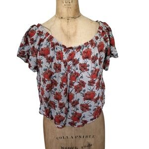 ASTR The Label Women’s Ruffle Off Shoulder Cropped Top Red Medium Floral AT11565